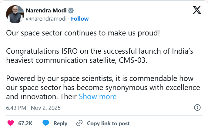 LVM3 M5 Launch Prime Minister on ‘X’